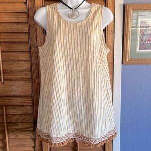 W5 Anthropologie Gold Stripe Tunic Tank Pom Pom Ribbon Hem Detail L